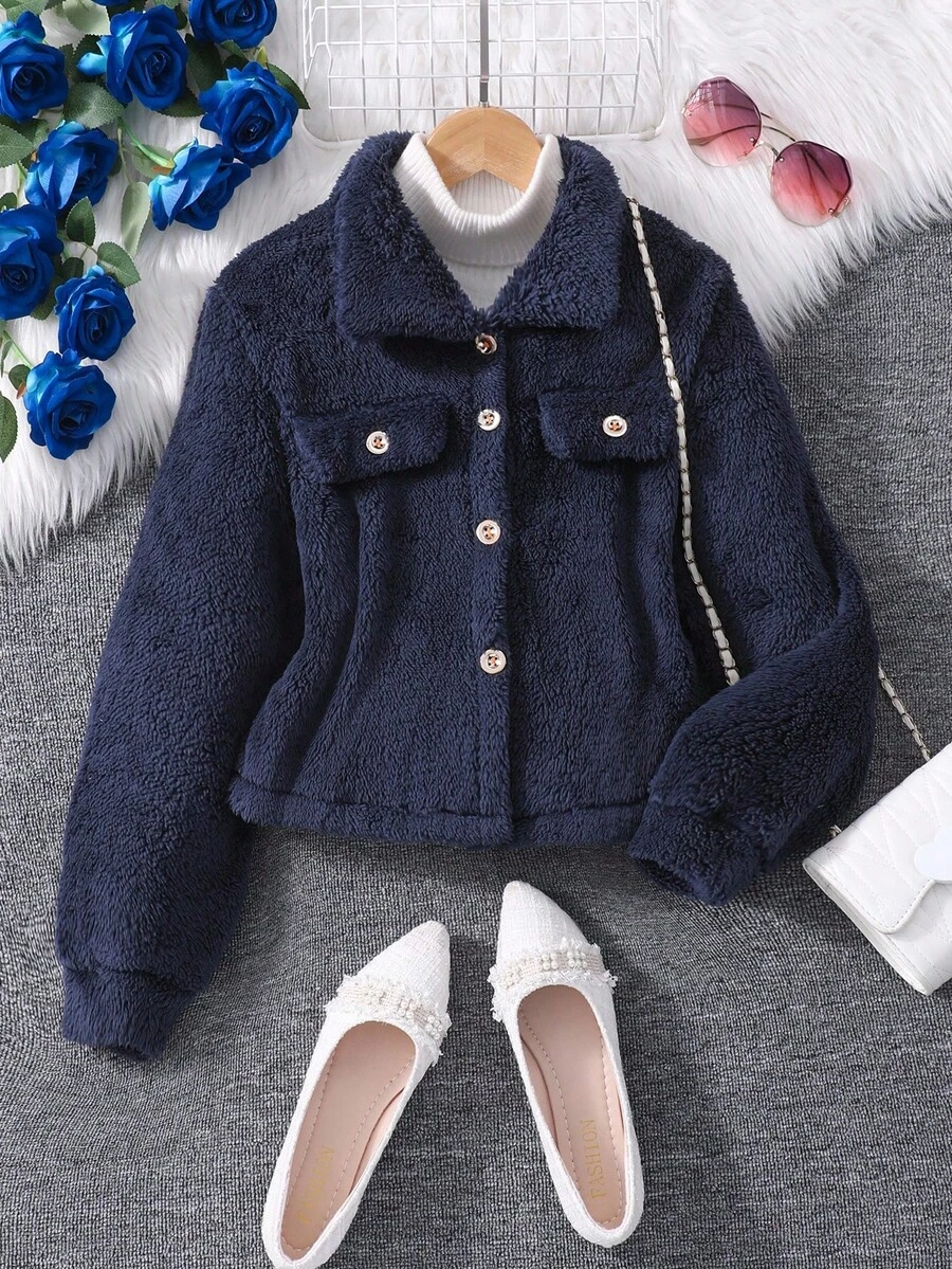 青少年女孩纯色长袖仿毛领夹克 - 藏蓝色 - 查看 1