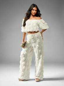 MISSGUIDED Floral Applique Off Shoulder Crop Top Wide Leg Pants Matching Festival Summer Spring Beach Boho Wedding Guest Garden Party Occasion Wear Coordinates - White - View 1