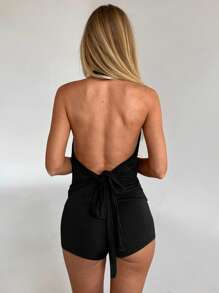 Aloruh 性感女士深 V 领露背短款上衣和超短裤 2 件套 - 黑色 - 查看 3
