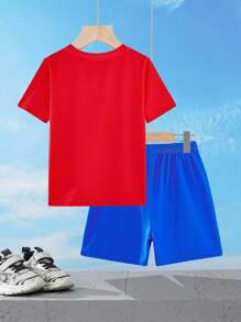 SUPERMAN X SHEIN 男童卡通超级英雄图案蓝红宽松短袖T恤和短裤两件套 - 藍色 - 查看 2