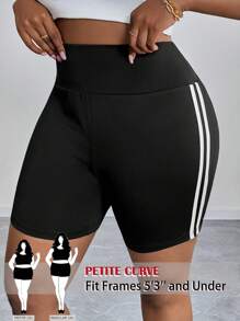 SHEIN PETITE CURVE Plus Size Side Striped Print Elastic Waist Cycling Shorts , Biker Shorts