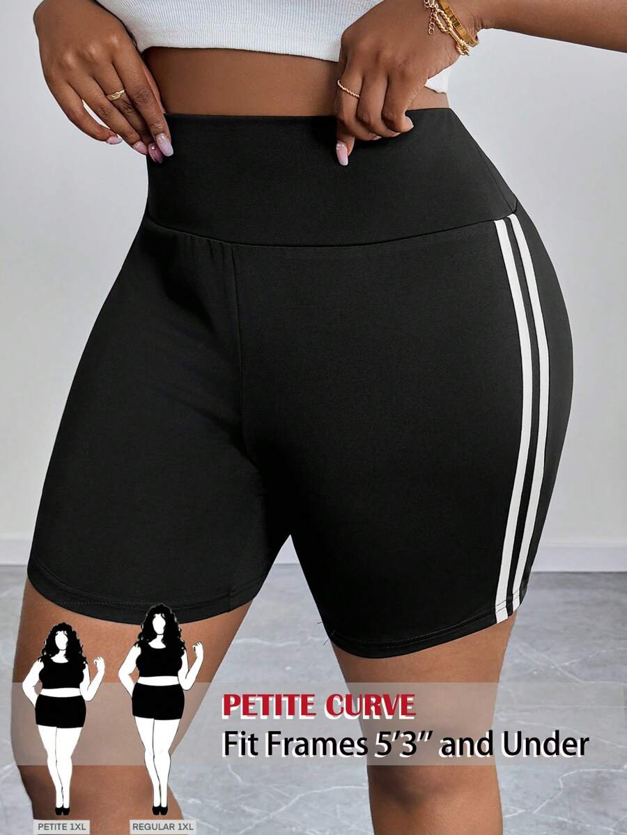 SHEIN PETITE CURVE Plus Size Side Striped Print Elastic Waist Cycling Shorts , Biker Shorts