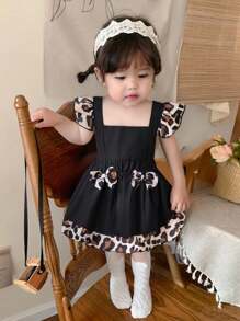 Genkimix Neugeborenen Baby süße Schleifen Dekor Leopard Patchwork rückenfrei Romper Set