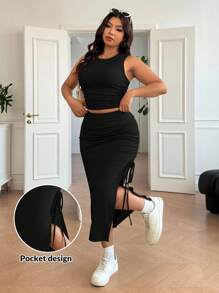 SHEIN EZwear 大尺碼夏季休閒純色背心與側開衩裙 2 件套 女款 - 黑色 - 查看 6