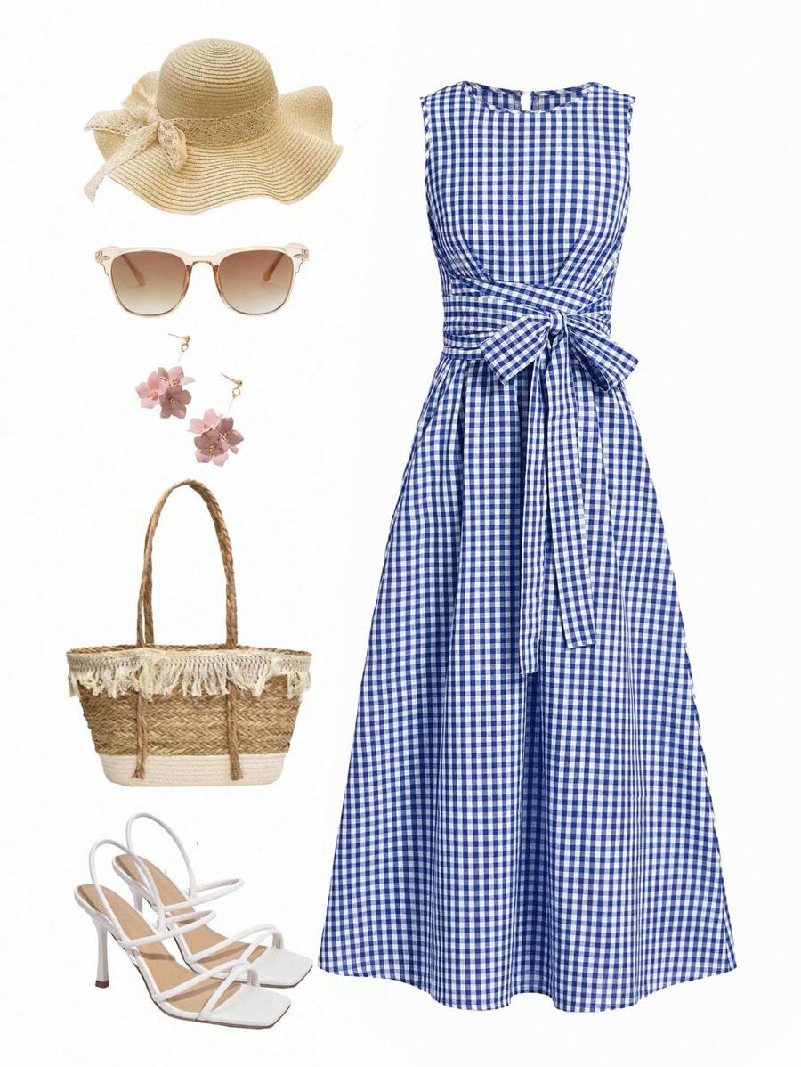 Ellevyn 女士夏季度假野餐格子圆领系腰口袋无袖宽松休闲连衣裙，适合各种场合，休闲通勤和旅行 - 藍白色 - 查看 1