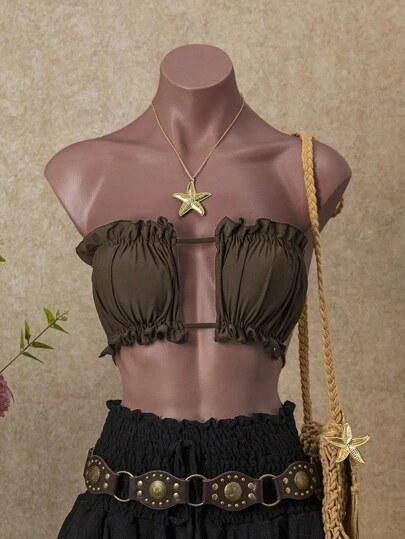 SHEIN Swim Women's Solid Color Frill Trim Tube Top Bikini Top, Summer