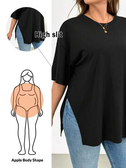 SHEIN Essnce Plus Size Women's Spring And Summer Fashion Casual Loose Comfortable Basic Daily Black Hem Split Short-Sleeved T-Shirt,Simlpe Style,Going Out Tops,Plus Size T Shirt,Airport For Women,European Summer