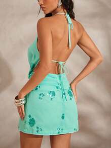Hauture Sexy Summer Vacation Sequin Embroidery Cowl Halter Open Back Ruched Mini Dress - Mint Green - View 3