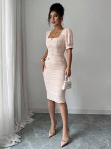 Elenzga Plaid Pattern Square Neck Puff Sleeve Split Back Bodycon Dress - Orange - View 3