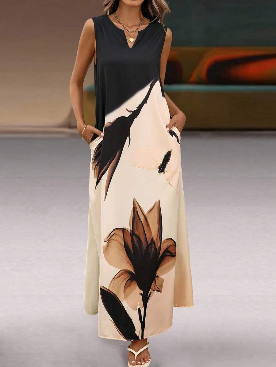 SHEIN LUNE Women Floral Print Notched Neck Sleeveless Shift Dress With Pockets