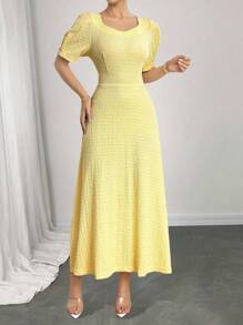 Modelyn Elegante vestido de punto midi amarillo - Amarillo - Ver 4
