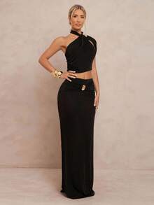 Lumalex Fall Winter 2pcs/Set Slim Asymmetric Metal Decor Halter Neck Top And Mini Skirt For Women Black Two Piece Set Women Two Piece Long Skirt Set Black Skirt Set Elegant Two Piece Set Black Two Piece Outfit Gathering Party Banquet Modest Old Money Coquette Glitter Holiday Party Rave Festival Outing Vacation Hot Outdoor Richly Layered Wedding Season Banquet Coming Christmas New Year