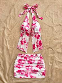 SHEIN x Eduarda Gutierrez Soleia 女士度假花卉印花针织网眼吊带蝴蝶结露背系带前开襟 3D 花朵装饰吊带背心和褶饰迷你裙套装，适合海滩、度假、波西米亚风格 - 粉色 - 查看 4