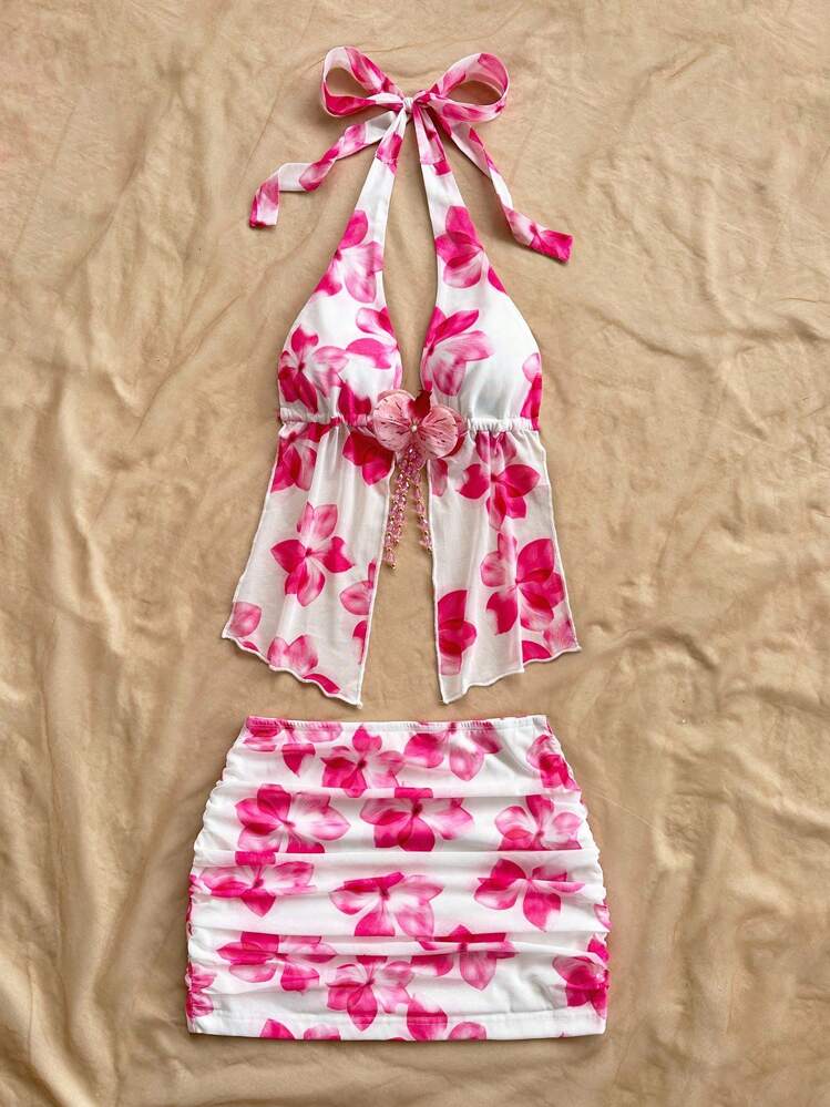 SHEIN WYWH Ladies' Vacation Floral Print Knit Mesh Halter Tie Bow Backless Lace-Up Front 3D Flower Decor Camisole And Ruched Mini Skirt Set, Suitable For Beach, Vacation, Boho Style Two Piece Beach Set Beach Skirt Set Floral Two Piece Set Beach Set For Women Summer Two Piece Set - Pink - View 4
