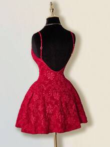 SHEIN ICON Women's Dark Pattern Mini A-Line Flowy Dress, Solid Red Color, Sexy Elegant Deep V Neck Backless Peplum Bodycon Party Dress Red Homecoming Dress - Red - View 7