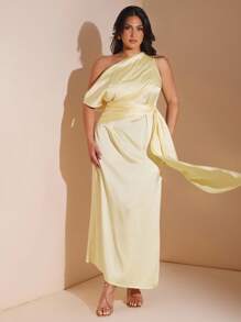 SHEIN BAE Plus Size Butter Yellow Summer Elegant Modest Formal Asymmetric Neck Long Satin Dress For Women,Wedding Guest Bridesmaid Birthday Brunch Vacation - Yellow - View 4