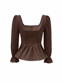 Cévolie 1 件棕色方领荷叶边下摆长袖衬衫，时尚办公室服装