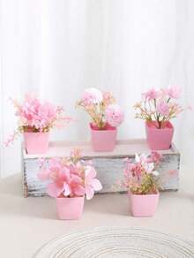 1pc仿真植物盆栽/5pcs盆栽组合家居玄关卧室浴室书柜窗台迷你可爱粉色派对装饰美观情人节礼物礼品生日毕业 - 粉色 - 查看 14