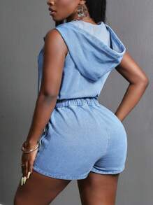 Slaydiva 大码纯色连帽无袖拉链连体裤 - 藍色 - 查看 2