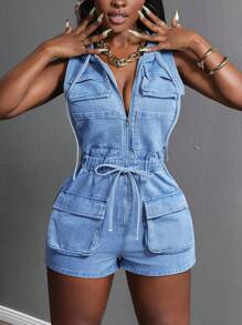 Slaydiva 大码纯色连帽无袖拉链连体裤 - 藍色 - 查看 5