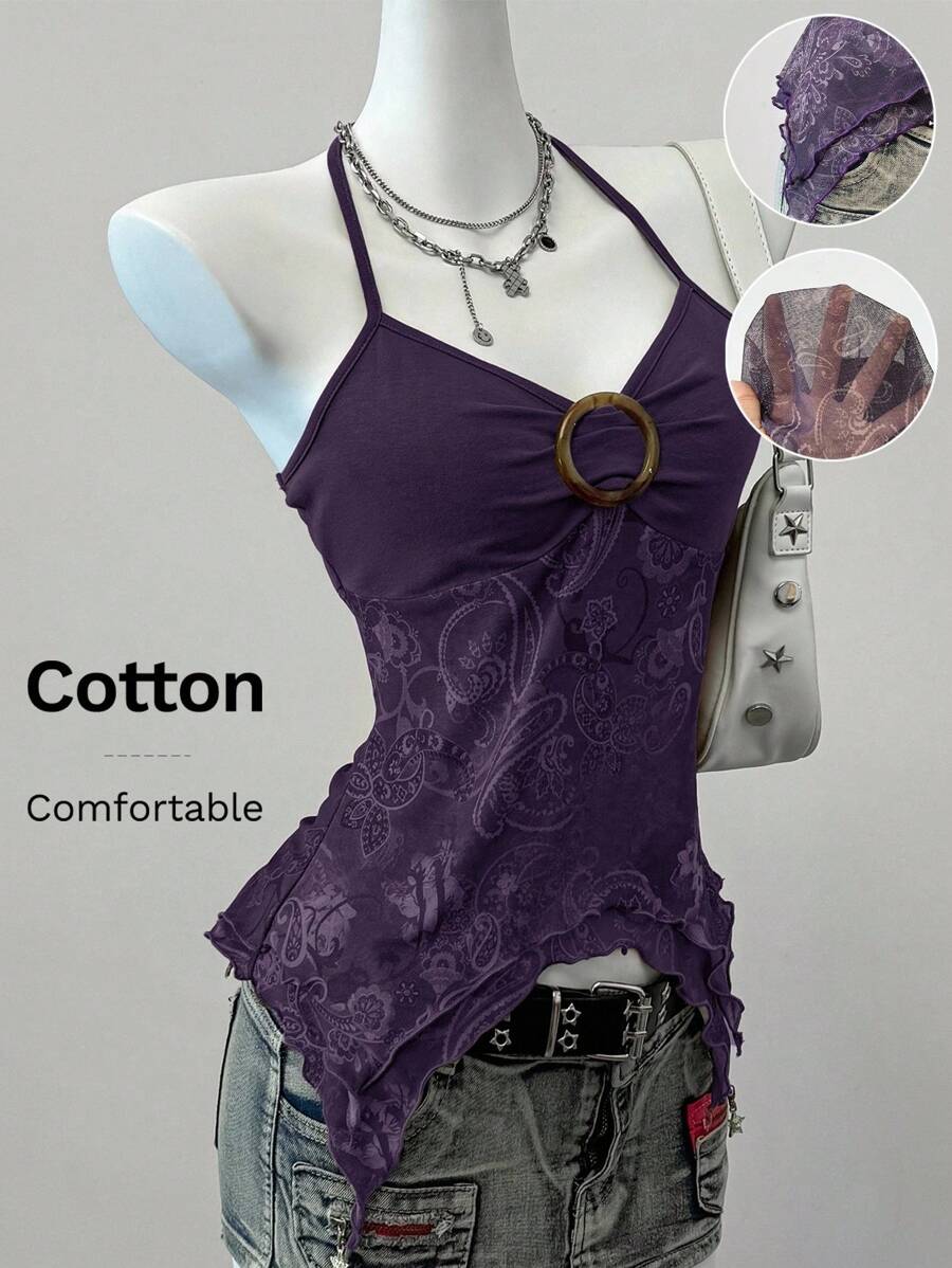 SHEIN EZwear Purple Floral Print Mesh Women's Spaghetti Strap Top - Purple - View 1