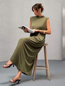 SHEIN Vestido de mujer de cuello redondo, con tirantes y mangas, de color caqui para uso casual diario