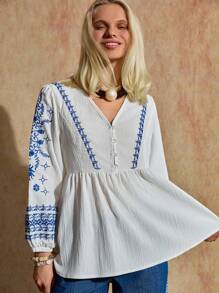Bóhologie White Blouse Button Front Detailed With Flower Embroidery, Lantern Sleeves, Boho Style - White - View 3