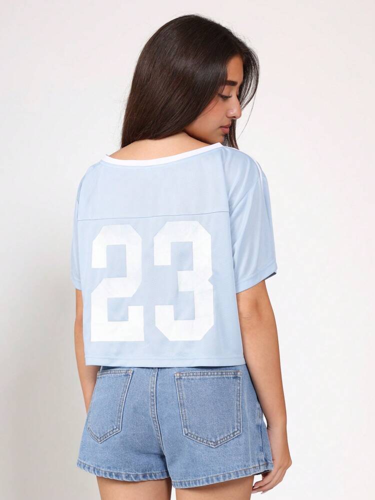 Baseball Jersey Style Crop Top With Number Print