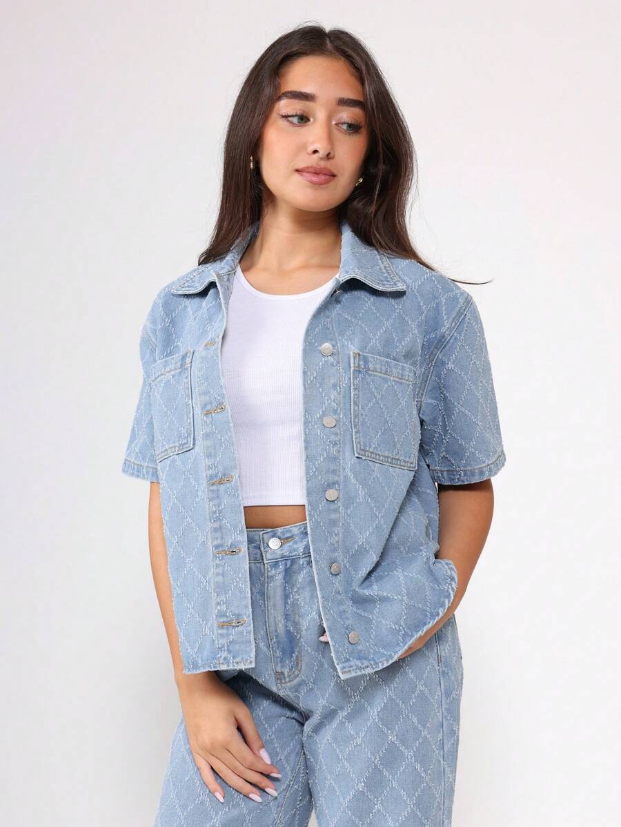 SUMWON Quilted Diamond Pattern Short Sleeve Denim Shirt Button Down Crop Top Spring Fall Casual Streetwear Jacket Modern Fashion Statement