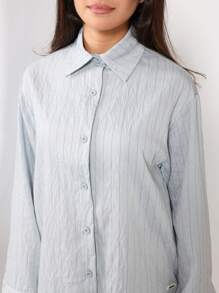 SUMWON 宽松版型细条纹衬衫阔腿裤套装，休闲秋冬春季搭配套装 - 淺藍色 - 查看 6