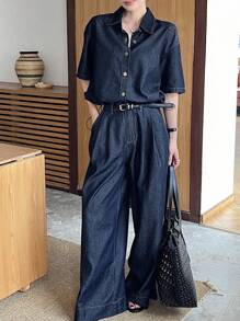 DAZY 女士短袖单排扣衬衫和阔腿牛仔裤休闲套装 - 藍色 - 查看 4