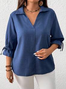 EMERY ROSE Blusa casual regular de mujer de talla grande con cuello en V y detalle de lazo, con apariencia de lino, apta para primavera, otoño e invierno - Azul - Ver 3