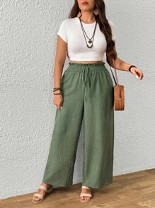 EMERY ROSE Femei Plus Size talie înaltă confortabil talie elastică cu șnur înclinat buzunare cu dungi textură largi pantaloni casual largi - Verde - Vizualizare 4