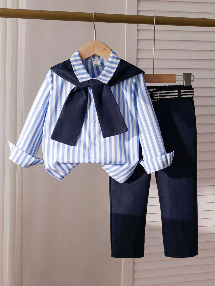 SHEIN Genkimix Kids Young Boys Classic Striped Long Sleeve Shirt And Shawl Collar, Navy Blue Suit Pants, Fashionable Gentleman Outfit, Suitable For Birthday Party, Formal Event, Wedding, Christening, Back To School Season Fall Winter