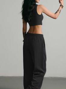 INAWLY Bộ 2 chiếc áo yếm ngắn gợi cảm màu trơn cho nữ và quần ống rộng - màu đen - Xem 4