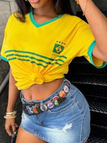 INAWLY Women Brazilian Print Short Sleeve Casual T-Shirt, Summer Graphic Tees Women Tops - Multicolor - View 5