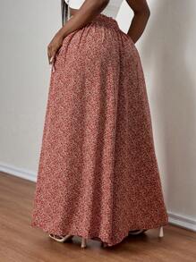 SHEIN PETITE CURVE Pantalones anchos casuales de talla grande con impresión todo sobre en color rojo óxido y detalle de retorcido para mujeres