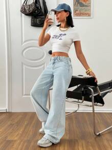 EURMUSE Quần Jean Thẳng Có Túi Sau Lưng Cạp Thấp - Rửa trung bình - Xem 4