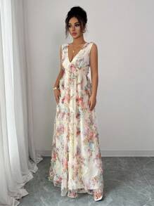 Elenzga Gaun Wanita Elegan Romantis Model Mengembang, Tanpa Lengan, Leher V, Pinggang Terikat, Bahan Jaring Kasa Bermotif Bunga - MultiWarna - View 6