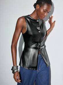 Maija 1 件女式纯色 PU 皮革单排扣无袖时尚西装外套 - 彩色 - 查看 4