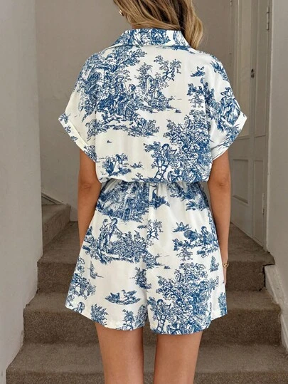 Easowa Vintage Floral Print Casual Rompers For Women, Featuring Collar, Buttoned Front, Waist Tie Bow, Ruffled Hem, Gathered Waist A-Line Design Short Sleeve Romper Vacation Romper Beach Romper Women Toile Print Romper