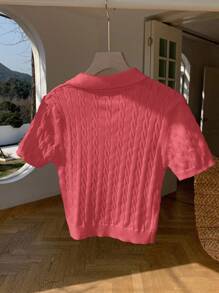 Comfortcana 女式休闲骑士图案短袖 Polo 领针织上衣 - 紅色 - 查看 2