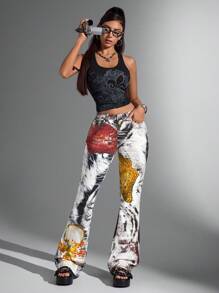 Jeanoix Jeans de mujer vaqueros informales con estampado de moda callejera vintage