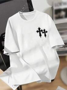 SHEIN Bolty Teen Boy Casual Cross Pattern Short Sleeve T-Shirt, Suitable For Summer - White - View 3