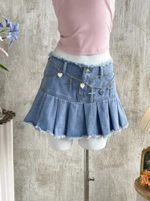 Attitoon 女士毛边褶皱牛仔A字中长裙，夏季休闲街头风超低腰褶皱牛仔裙，做旧复古水洗工艺，饰有装饰链条，Y2K风格裙装，返校季，乡村音乐会，生日，可爱夏日裙装，颓废风裙装，锐舞派对，趣味裙装，机场，夏威夷，街头女装，Y2K女装，裙子，复古女装，辣妹风裙装，牛仔风 - 淺色水洗藍 - 查看 5