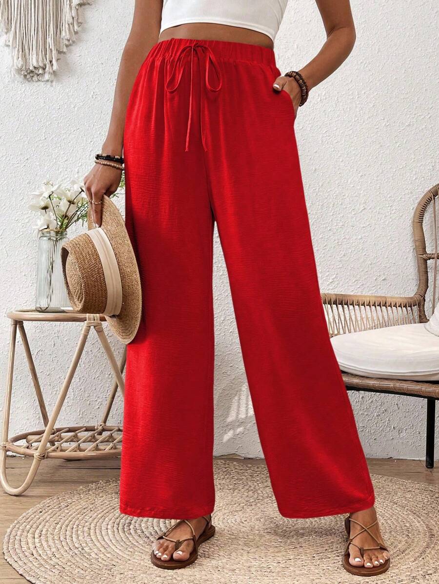 SHEIN LUNE Loose Straight Elastic Drawstring Textured Wrinkled Fabric Spring Summer Pants - Red - View 1