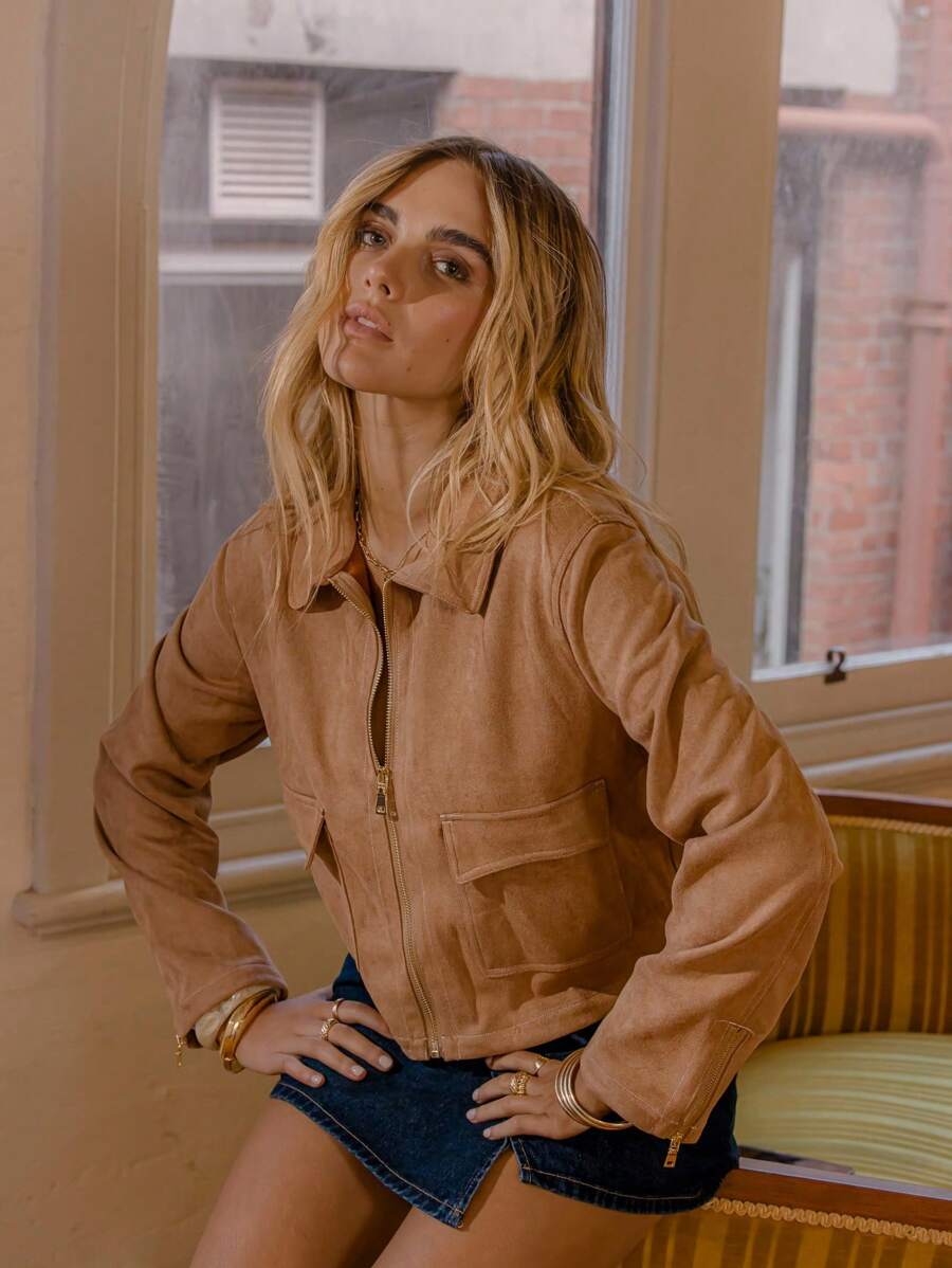 Aralina Winter Suedette Cropped Zip Through Jacket Country Concert - Khaki - View 1