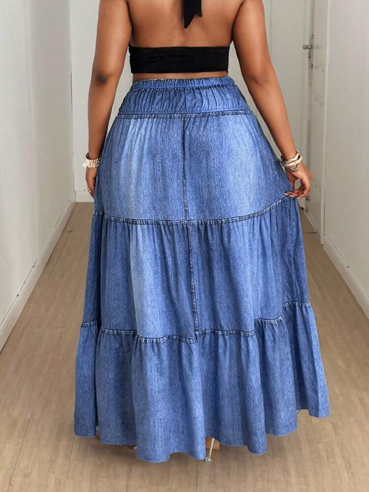 Maweii Plus Size Women's Elegant Casual Street Style A-Line Maxi Skirt With Faux Denim Wash Print, Spring/Summer - Blue - View 4