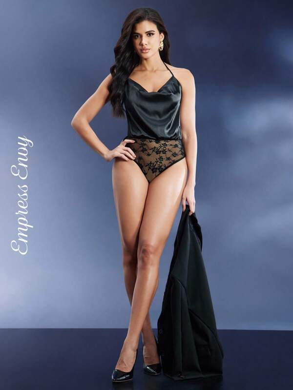 SHEIN Opulent Queen Body sexy pentru femei cu imprimeu floral din dantelă și patchwork, cu guler drapat