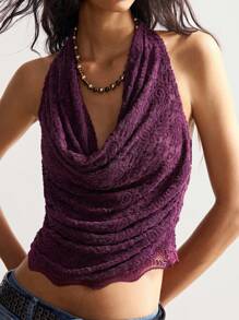 Bohemela Casual Solid Color Lace-Up Backless Draped Neck Women Top Purple Cowl Neck Top Draped Top Purple Top Women Dark Purple Top